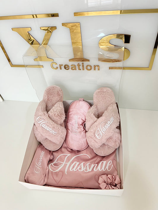 COFFRET PYJAMA SATIN COEURS VIEUX ROSE